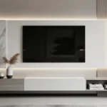 Modern TV wall with floating unit, clean design, and soft lighting