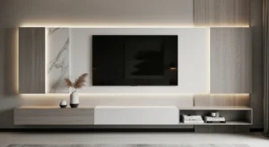 Modern TV wall with floating unit, clean design, and soft lighting