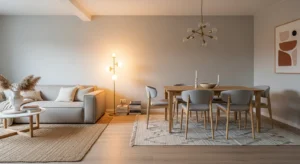 Living room dining room combo with open layout and cohesive modern design