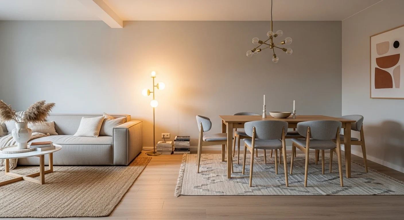 Living room dining room combo with open layout and cohesive modern design