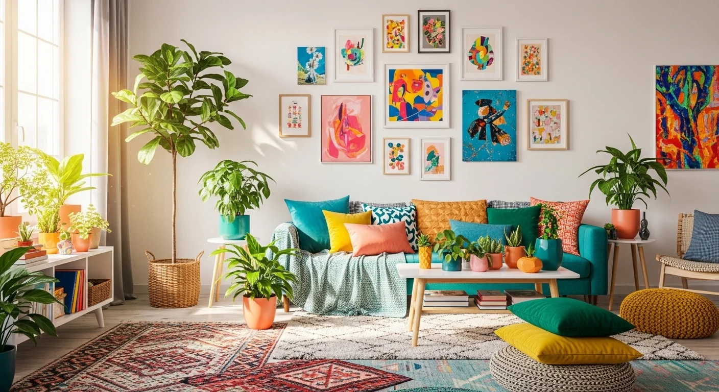Colorful living room with vibrant decor, plants, and cozy modern aesthetic design