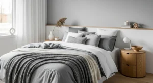 Modern grey bedroom with cozy textures and clean minimalist decor