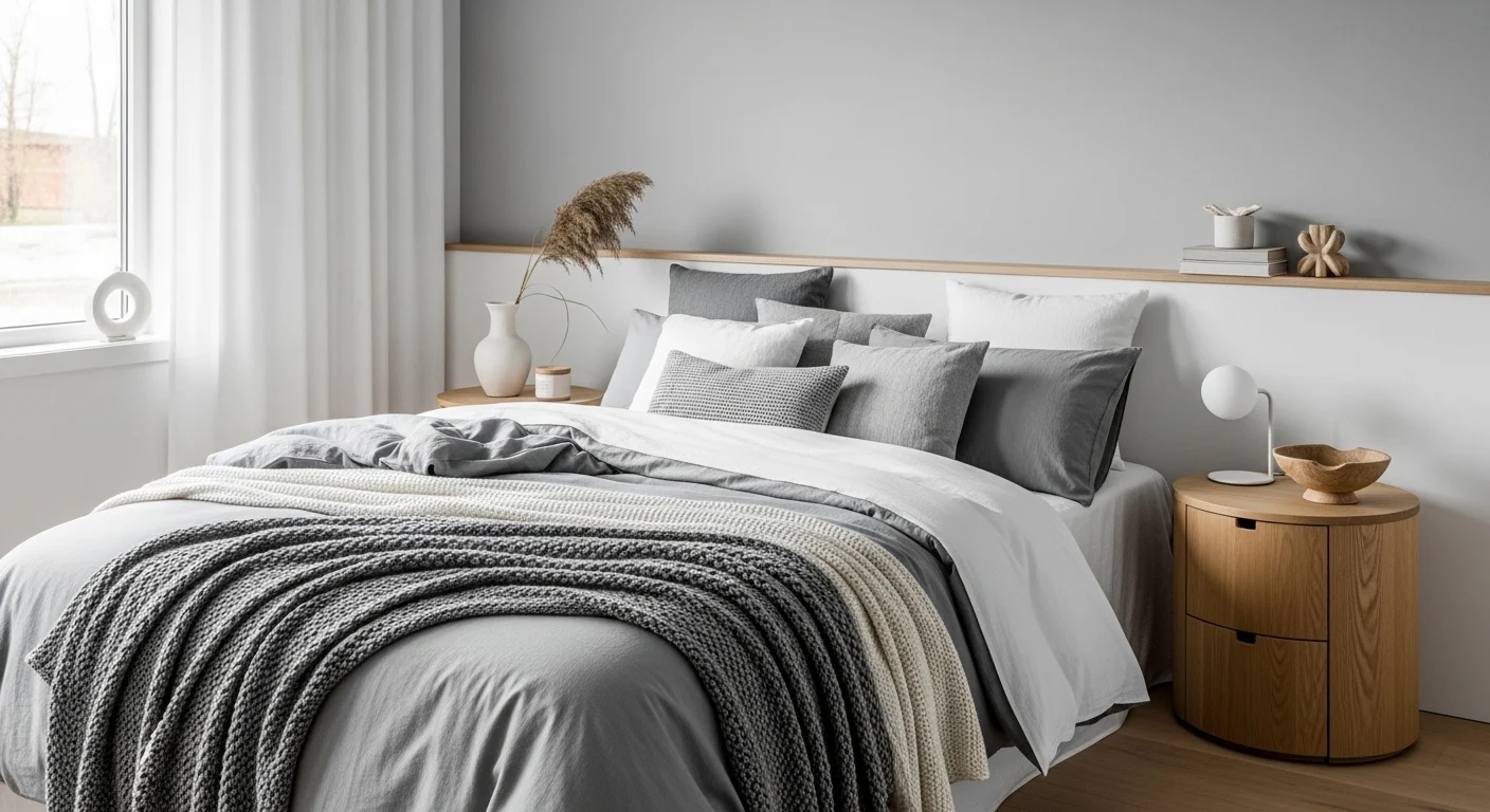 Modern grey bedroom with cozy textures and clean minimalist decor
