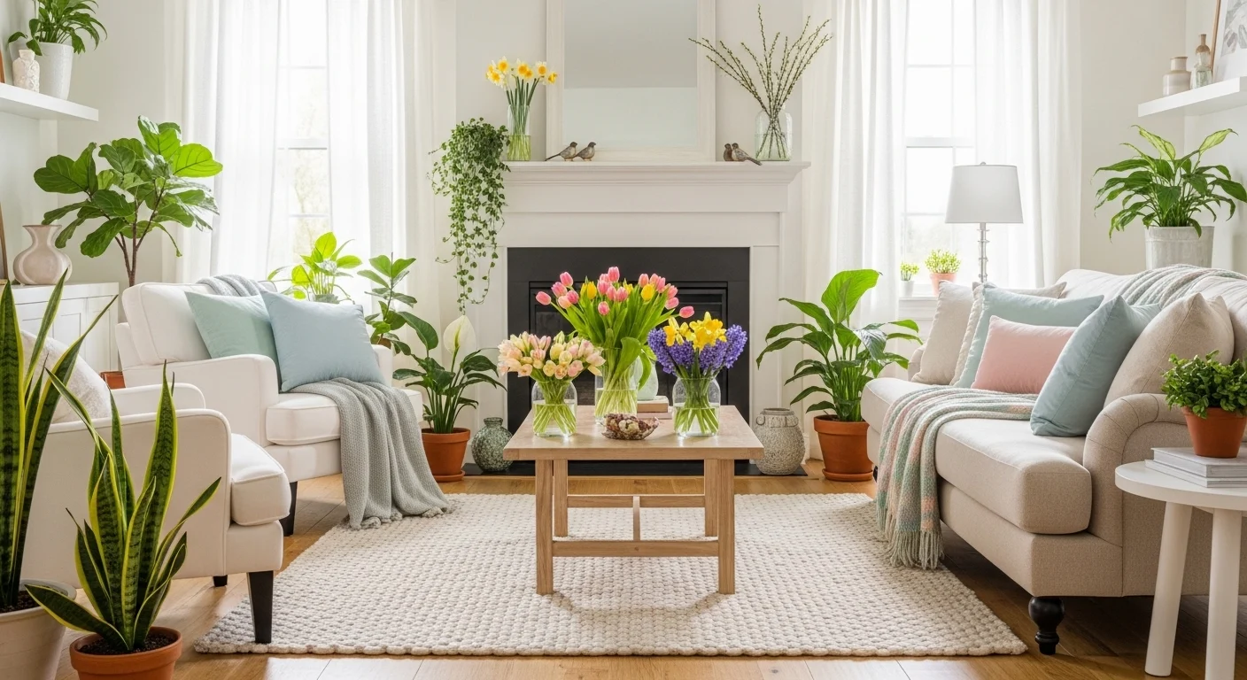 Bright spring living room decor with flowers and pastel accents
