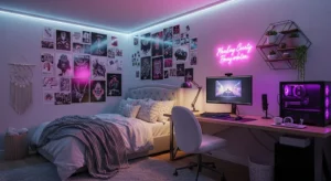 Cool teen bedroom with LED lights, wall decor, and cozy modern aesthetic