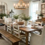 Farmhouse dining room with rustic wooden table, cozy decor, and warm neutral tones