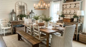 Farmhouse dining room with rustic wooden table, cozy decor, and warm neutral tones