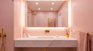 Soft pink bathroom with modern decor, gold accents, and elegant design