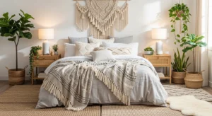 Cozy boho bedroom with neutral tones, layered textures, and warm relaxing decor