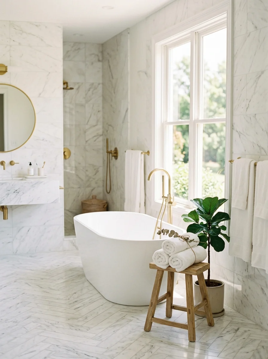 Bright white bathroom with marble tiles, gold fixtures, and natural light creating a clean and elegant spa-like look