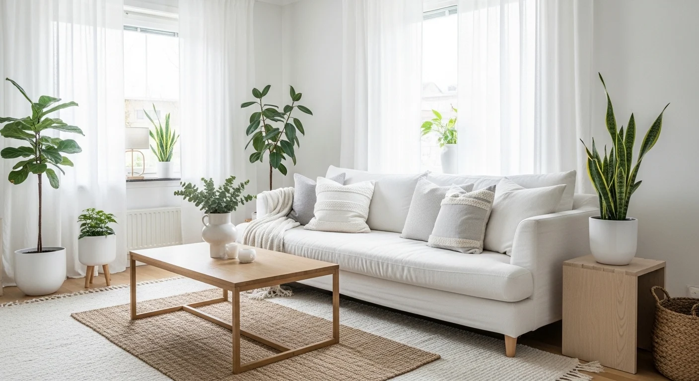 "Bright modern white living room with white sofa, layered rugs, wooden accents, and indoor plants for a clean and cozy look."