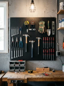 Black pegboard wall organizing everyday garage tools above a wooden workbench.