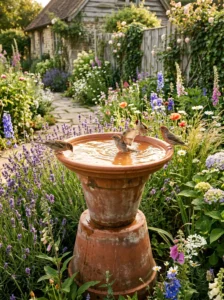 “DIY terra cotta pot bird bath in a cottage garden”