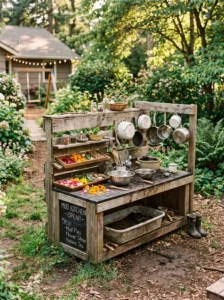 DIY wooden pallet mud kitchen in a backyard with hanging pots, muddy bowls, and natural outdoor play elements.