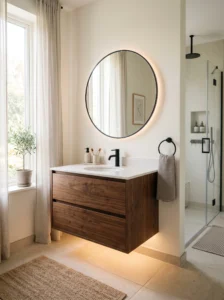 Floating walnut bathroom vanity with under-cabinet lighting and modern neutral bathroom styling.