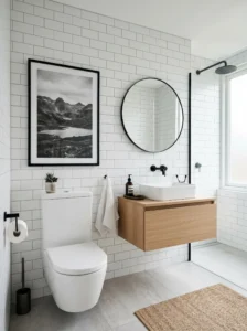 Minimal bathroom with black-and-white framed photography and modern Scandinavian styling.
