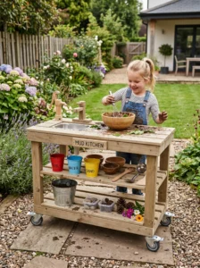 Portable mud kitchen on wheels designed for flexible outdoor play and easy movement.