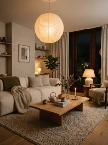 Warm Japandi living room with soft lighting, paper lantern pendant, and neutral furniture.