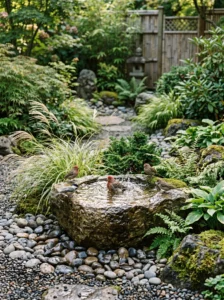 “Natural rock basin bird bath in a peaceful garden”
