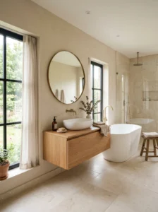 Neutral-toned bathroom with beige stone tiles, wood vanity, and calming spa-inspired styling.