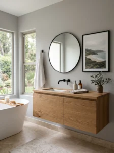 Neutral bathroom decorated with peaceful landscape wall art and minimalist styling.