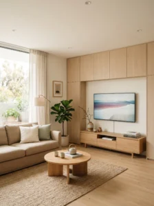 Organized Japandi living room with hidden storage and clean minimalist styling.