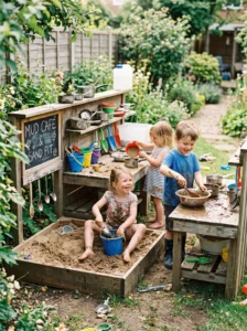 Mud kitchen with attached sandbox area for creative sensory outdoor play.