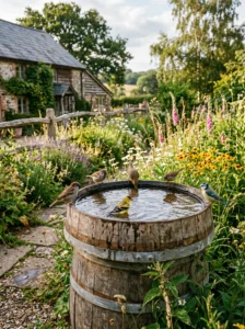 “Wooden barrel lid bird bath in a rustic garden”