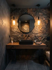Powder room with textured statement wall and modern luxury bathroom styling.