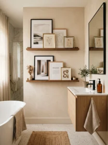 Modern bathroom with floating picture ledges styled with layered framed artwork.