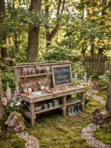 Fairy garden-inspired mud kitchen with miniature decorations and magical outdoor styling.