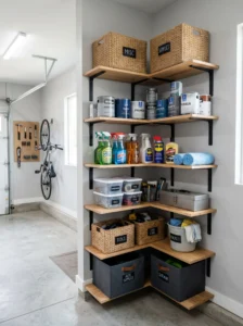 Corner shelving maximizing storage space in an organized garage.