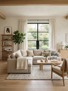 Cozy Japandi living room blending Scandinavian comfort with Japanese minimalism.