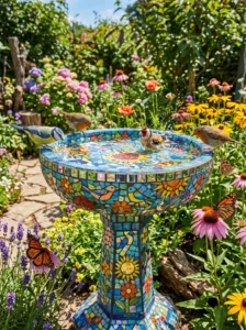 “Colorful mosaic tile bird bath in an artistic garden”