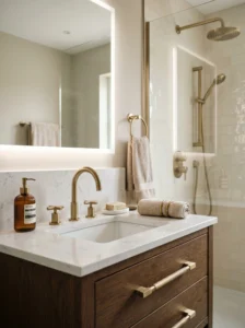 Luxury bathroom fixtures with brushed brass hardware and modern vanity styling.