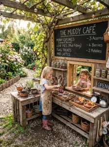 Outdoor café-style mud kitchen with pretend bakery and restaurant play features.