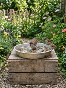 “Simple shallow baking pan bird bath for backyard birds”
