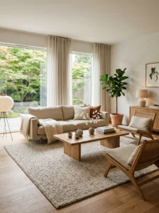 Japandi living room with oversized neutral rug and warm minimalist furniture.