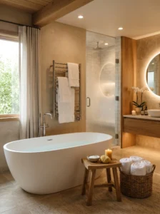 Spa-inspired bathroom with towel warmer, soft lighting, and relaxing luxury design details.
