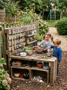 DIY mud kitchen built from recycled materials and reclaimed wood for outdoor play.
