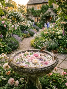“Bird bath with floating flowers in a romantic garden”