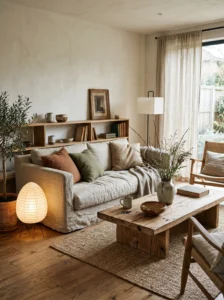 Relaxed Japandi living room with handmade decor and natural imperfect textures.