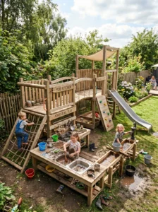 Multi-level adventure mud kitchen with climbing features and interactive outdoor play zones.