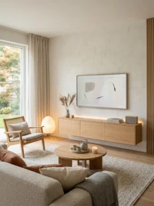 Minimal Japandi living room with sleek TV wall and hidden technology storage.