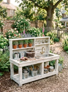Farmhouse-style mud kitchen with a sink, whitewashed wood, and outdoor garden-inspired details.