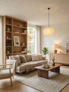 Japandi living room with layered oak and walnut wood tones and warm neutral styling.