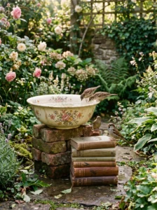 “Vintage ceramic bowl bird bath with birds in a garden”