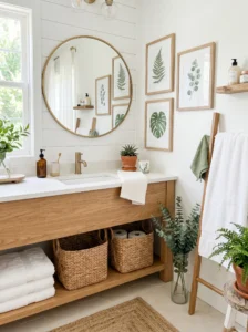 Neutral bathroom decorated with framed botanical wall prints and natural wood accents.