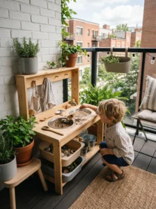 Compact mud kitchen on a small balcony with simple storage and outdoor sensory play tools.