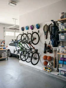 Bikes stored vertically on wall hooks inside an organized family garage.
